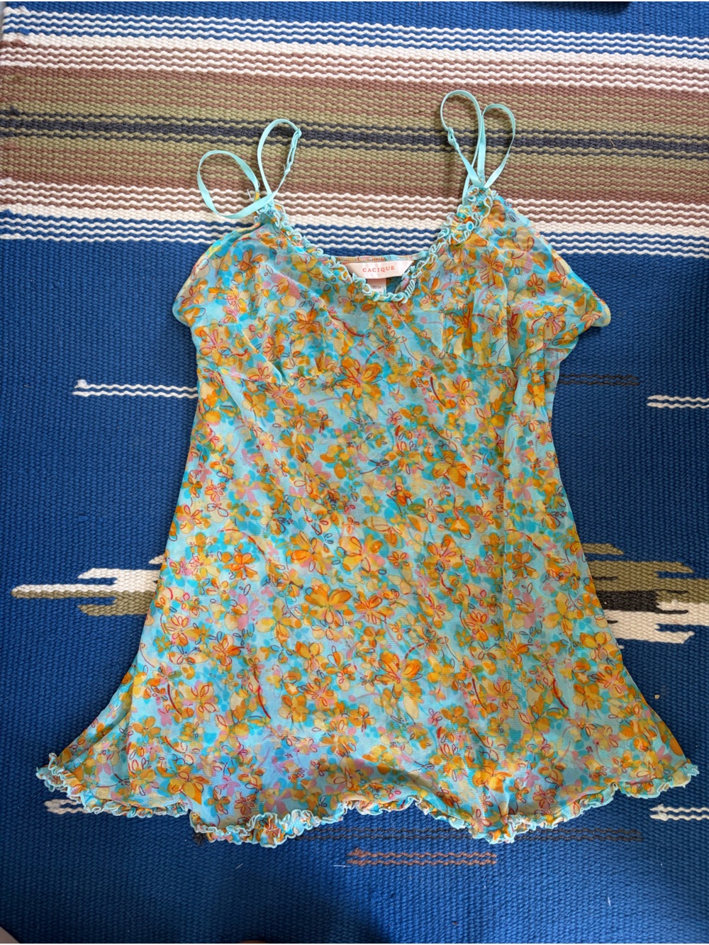 Vintage Y2k Turquoise Floral Spaghetti-Strap Dress with Orange Blossoms